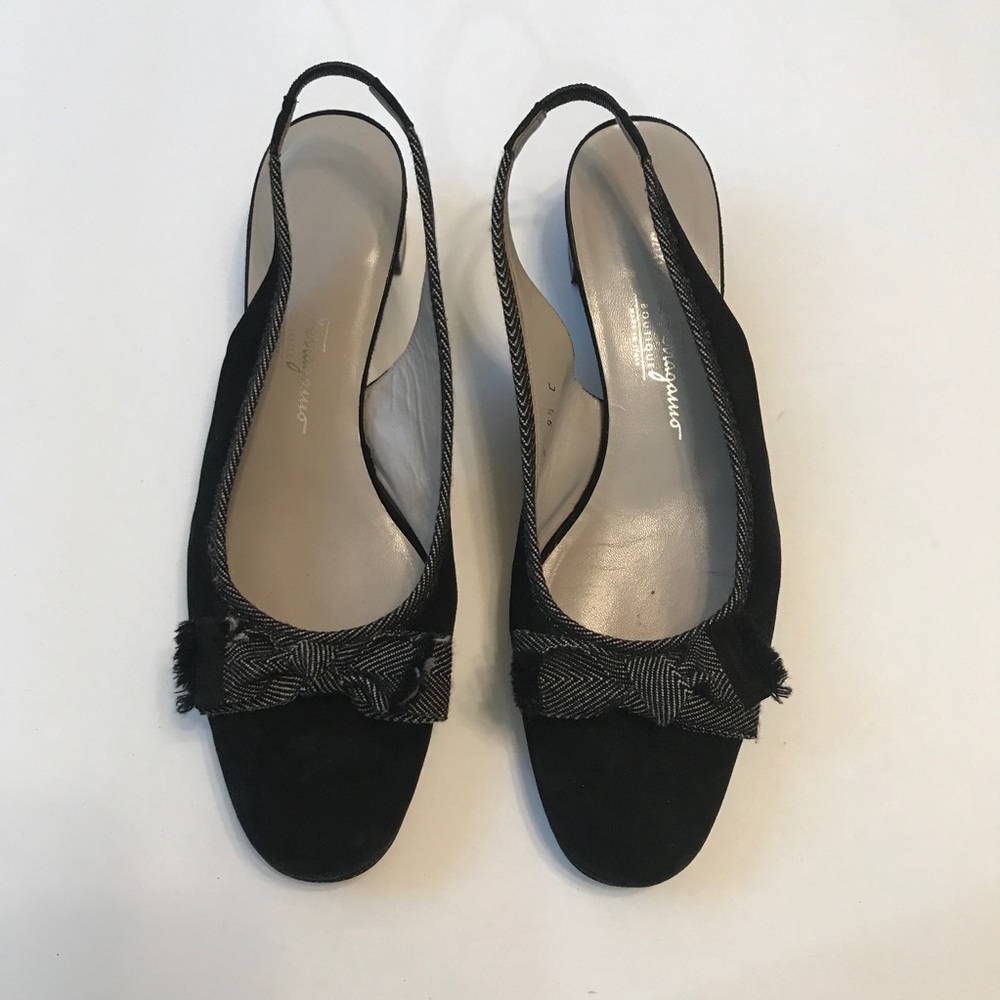 Ferragamo bow detail black suede slingbacks